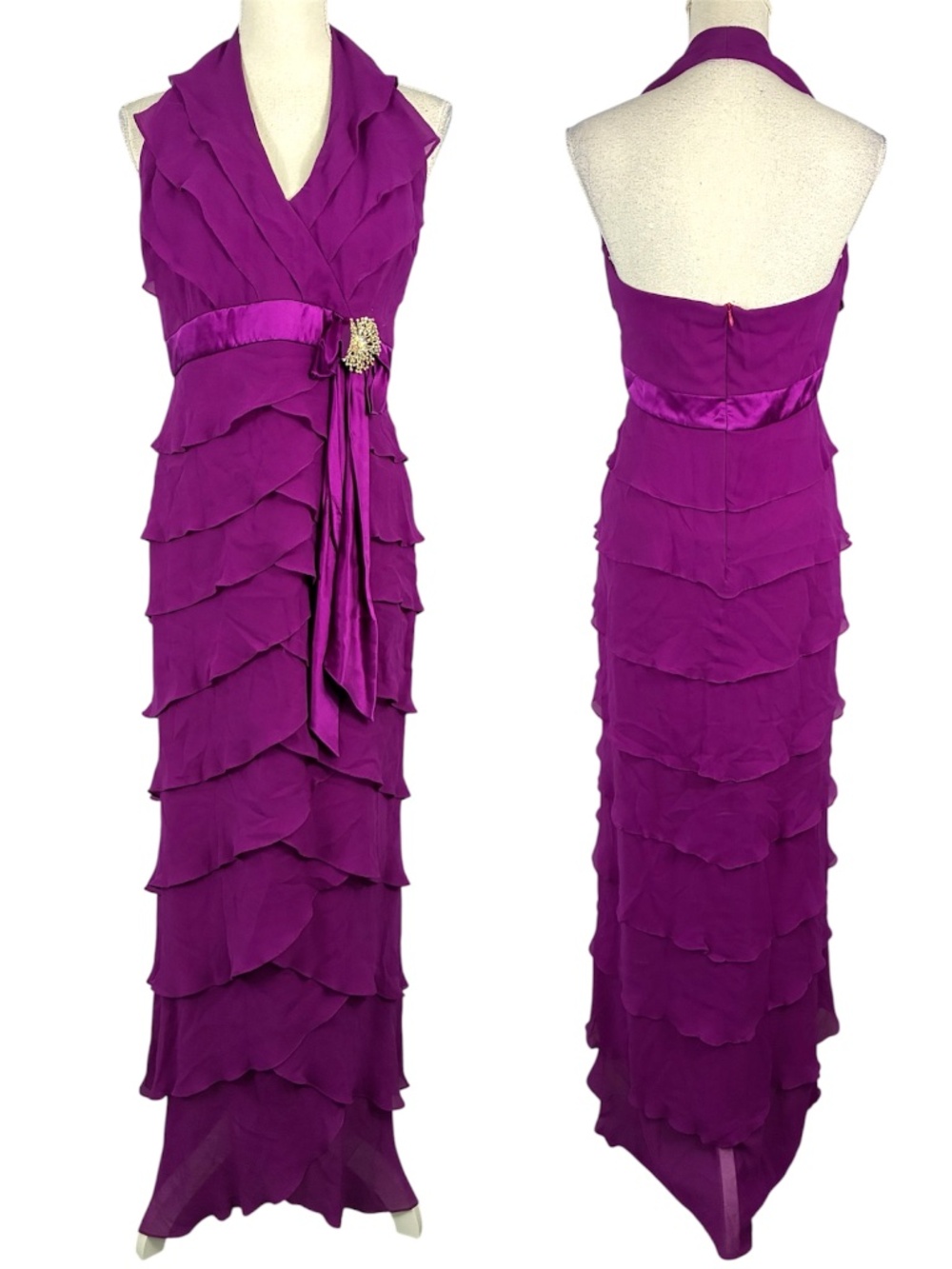 Tadashi Shoji Silk Layered Gown 10 Royal Purple Crepe Long Maxi Dress Halter Y2K